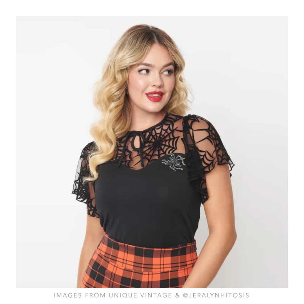 Unique Vintage | Black Flocked Spiderweb & Brooch Flutter Sleeve Top